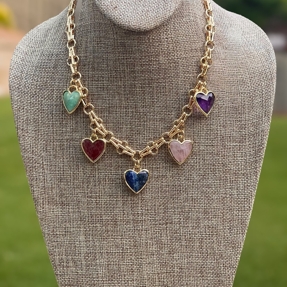 Queen of Hearts Neckl: Tarnish resistant chain w bezel set Gemstone heart charms